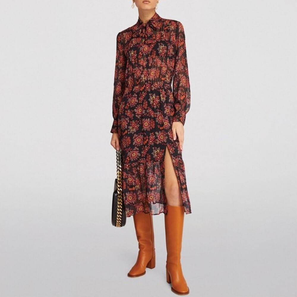 PAIGE Koralina Silk Black Red Floral Midi Dress Size M